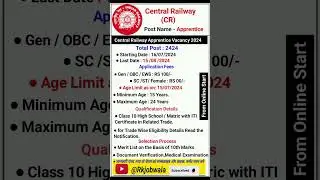 RRC center railway vacancy 2024 💥 RRC CR Railway Apprentice Recruitment  💯 railway new vacancy 2024
