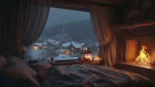 🌨️ Snowy Night in a Cozy Cabin | Fireplace & Winter Village Ambience for Deep Sleep (10 Hours)