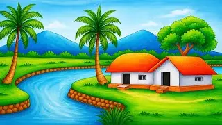 How to Draw Easy Mountain Riverside Village Scenery | Beautiful Landscape with Oil Pastels Drawing