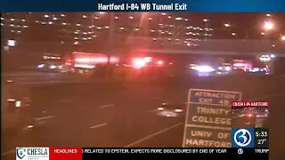 Overturned vehicle closes lanes on I-84 in Hartford
