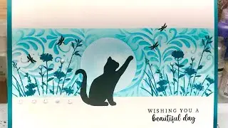 Let's Make a 5x7 Card - Cat and Dragon Fly Card; Ink Blending, Stenciling, Stamping; Pinterest Insp
