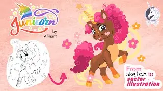 Junicorn № 9. Speed paint of Happy floral unicorn. Art lesson from sketch to vector illusrtation.
