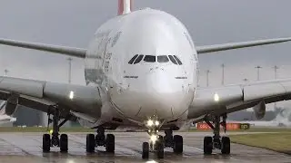 Virgin 747 & Emirates A380 at Manchester Airport | Awesome Wet Spray Takeoffs!