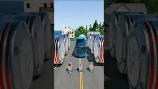 Mix Color City Buses & Trailer Trucks vs Big Bollards #shorts #beamngdrive #trending #gaming #viral