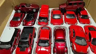 Box Full of Model Red Cars /Mercedes Transporter, Ferrari F40, Mini Cooper, Audi A5, BMW X6,