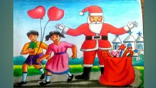 How to draw christmas festival scenery with oil pastels||santa claus drawing