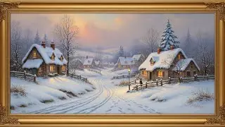 Frame TV Art with Music: Cozy Winter Village | Classic Snowy Landscape Painting | Holiday Ambiance