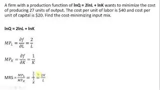 Production Function in Natural Logs: Cost-Minimizing Input Mix