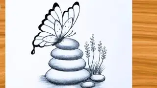How to draw a Butterfly on Stone||ButterflyScenery Drawing|| Easy Drawing ideas for Beginners