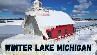 Grand Haven Winter: Drone Flight Over Lake Michigan Ice And Lighthouse