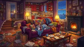 Snowy night in New York with oldies playing from another room | relax, study | Fireplace crackling