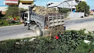 Start New Landfill Project! Use Dozer D30p Pushes Stones into Dirty Flood Zone with Truck 5T Dumping