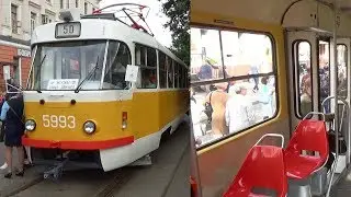 Обзор трамвая Tatra-T3SU №5993 в родной бело-жёлтой окраске из времён 90-х годов!