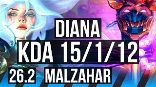 DIANA vs MALZAHAR (MID) | Good KDA: 15/1/12 | KR Master | 26.2