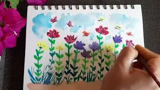 Flower garden drawing | watercolor flower painting for beginners | garden drawing with butterfly