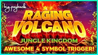 HUGE WIN! Raging Volcano Jungle Kingdom Slot - MAX BET 4 SYMBOL TRIGGER!