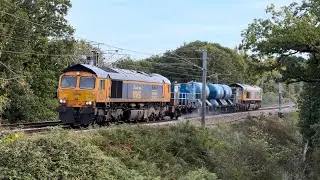 GBRf 66731 sweeps past Springvalley Lane on 3S60