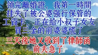 領完離婚證，我第一時間掛失了被公婆強行保管的工資卡，正在給小叔子女友買三金的前婆婆慌了。三天後她又收到了律師函，前夫急了#婆媳 #故事 #人生感悟