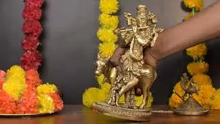 Brass Krishna Statue with Cow 10
