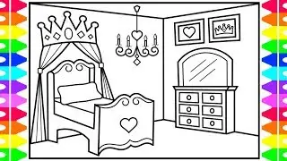 How to Draw a Princess Bedroom for Kids 👑💖💜💚Princess Bedroom Drawing and Coloring Pages for Kids