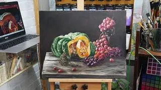 Рисование доставляет истинное удовольствие! Демонстрация техники живописи маслом: виноград и тыква.