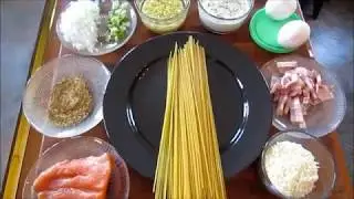 Spaguetti a la  Carbonara, acompa&ntilde;ado de Tataki Salm&oacute;n.