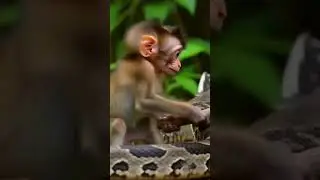 the snack eating the duck's eggs protected by little monkey baby 😲#ytshorts #monkey #viral#