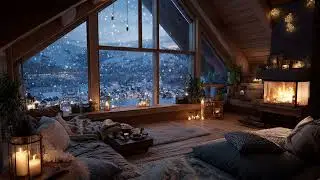 Winter Snow Cabin Piano Night Ambience | Soft Snowfall and Fireplace Comfort