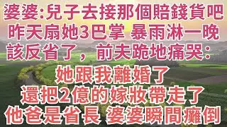婆婆：兒子去接那個賠錢貨吧，昨天扇她3巴掌，暴雨淋一晚該反省了，前夫跪地痛哭：她跟我離婚了，還把2億的嫁妝帶走了，他爸是省長，婆婆瞬間癱倒！#情感故事#故事#小說#戀愛#情感#婚姻#為人處世#家族恩怨