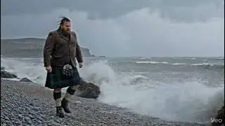 Scotsman Walking Wearing Kilt On Annan Beach On Winter History Visit To Solway Firth Scotland