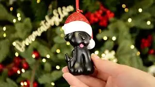 Ornaments by Elves: Personalized Black Dog with Christmas Hat Ornament OBE-OC-407-BLACK