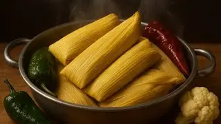 Tamales de Coliflor con Pollo en Chile guajillo y Queso con Rajas de Chile poblano