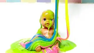 Toy Baby Gets a Slime Shower! Colorful Gooey Bathtub Fun 🟢🛁