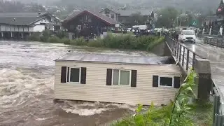 WATCH: Storm Hans flooding crushes home against bridge in Norway