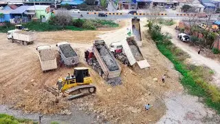 Part 06 Land Filling up Processing Dump trucks with Dozer SHANTUI push soil into water clearing land