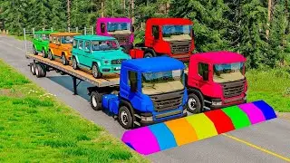 TRANSPORTING PIXAR CARS & FRUITS WITH COLORED & JOHN DEERE vs CLAAS vs TRACTORS - BeamNG.drive #983