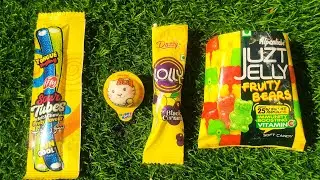 YELLOW 💛 PRODUCT 😊SOUR TUBE RUBBER , HELLO KITTY 🐈, JOLLY POP , JUZZ JELLY 🍭😊#asmr #icecream #asmrea