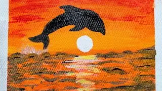 Dolphin Sunset Acrylic Painting | Easy Step by Step Canvas Art for Beginners