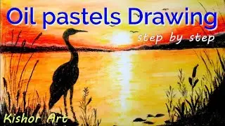 How to draw a Sunset scenery and Crane with oil pastel | step by step-সূৰ্যাস্তত বগলী | Kishor Art