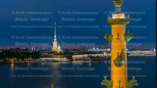 The front view of the top of the rostral column, Peter and Paul Cathedral and the Neva timelapse