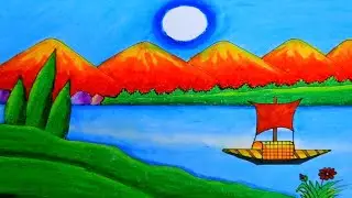 How to Draw a Beautiful Mountain Scenery Drawing | Colorful Lake, Boat and Nature Art Tutorial