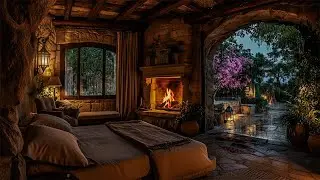 Cozy Rustic Spring Bedroom Rain 🌧️ Crackling Fireplace Sounds for Deep Sleep, Study & Relaxation