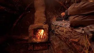 @PolissyaBushcraft Building a Warm Log Cabin, with a clay stove. Cozy Shelter, Secret Dugout