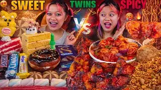 MUKBANG WITH MY TWIN 😱 SPICY vs SWEET CHALLENGE 🌶️🍫 | Chicken Diamond, C Momo, Chocolates, Pastries
