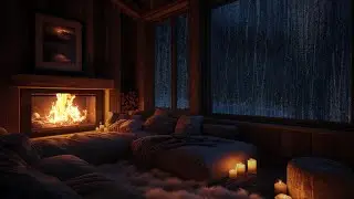 🌧 Rain Falling on Glass Windows | Rolling Thunder and Crackling Fire in a Peaceful, Cozy Cabin