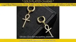 1.24ct Real Moissanite Drop Ankh Cross Hoop Earrings 14k Yellow Gold Plated