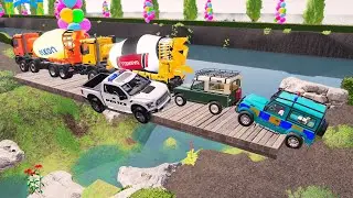 FS22 Extreme Cliff Challenge &ndash; Concrete Mixers, Police Pickup & Land Rover vs Impossible Bridge