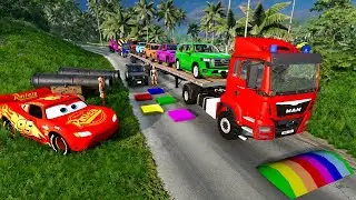 TRANSPORTING PIXAR CARS & FRUITS WITH COLORED & JOHN DEERE vs CLAAS vs TRACTORS - BeamNG.drive #962