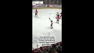 Over 80,000 teddy bears thrown onto ice hockey rink following a goal in huge charity donation