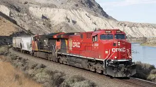 CPKC stack train with CN locomotive curving through the Thompson Canyon!